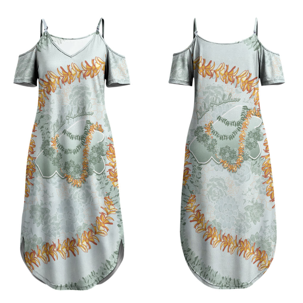 Hawaii Kaho'olawe Island Flowers Lei Couples Matching Summer Maxi Dress and Long Sleeve Button Shirt Silver Hinahina Kū Kahakai