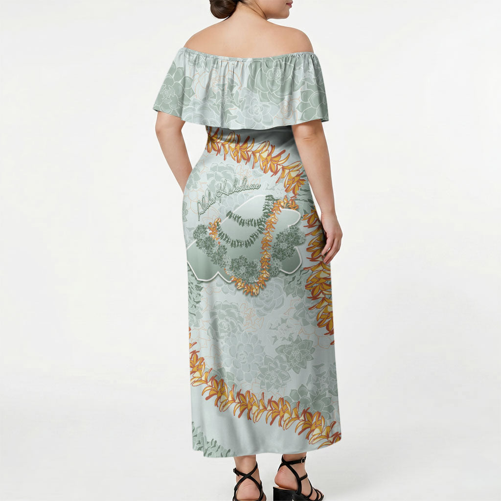 Hawaii Kaho'olawe Island Flowers Lei Off Shoulder Maxi Dress Silver Hinahina Kū Kahakai