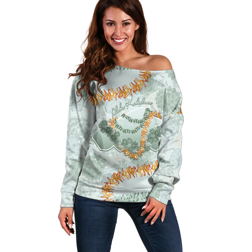 Hawaii Kaho'olawe Island Flowers Lei Off Shoulder Sweater Silver Hinahina Kū Kahakai LT7 Women Silver - Polynesian Pride