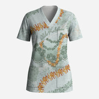 Hawaii Kaho'olawe Island Flowers Lei Scrub Top Silver Hinahina Kū Kahakai
