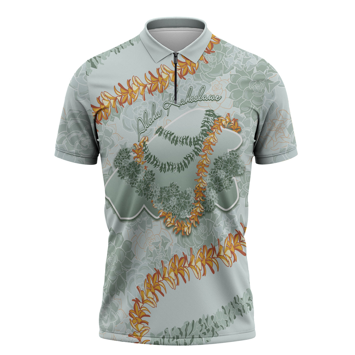 Hawaii Kaho'olawe Island Flowers Lei Zipper Polo Shirt Silver Hinahina Kū Kahakai
