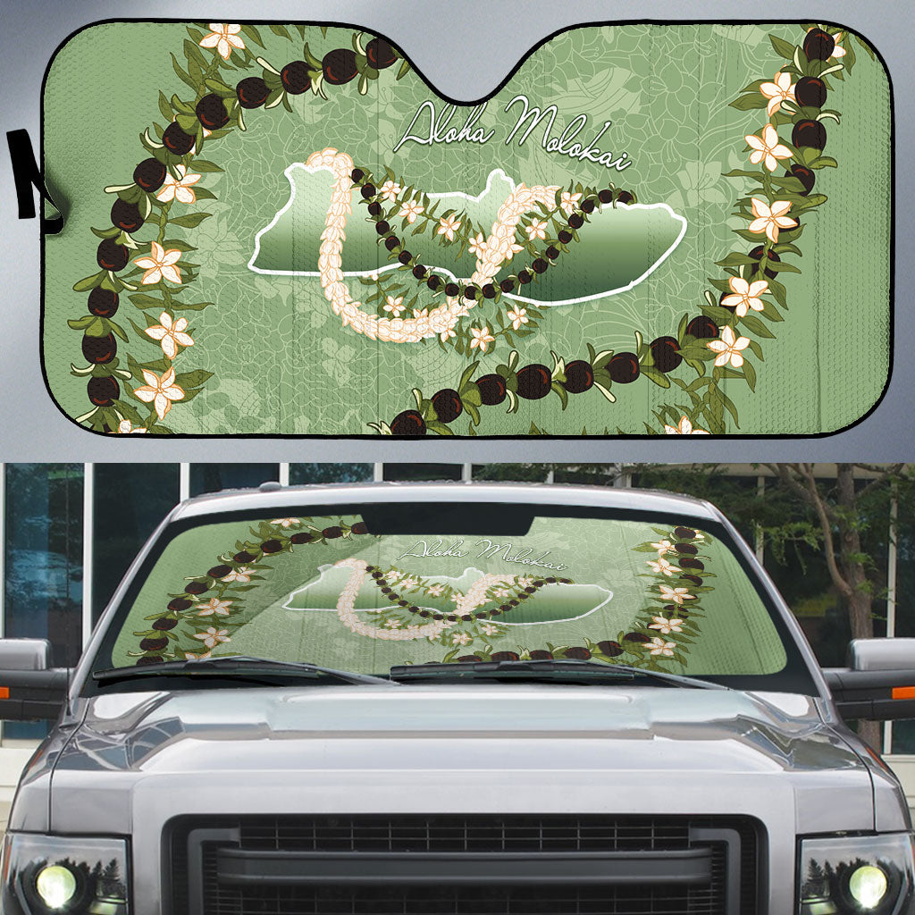 Hawaii Molokai Island Flowers Lei Auto Sun Shade Kukui Nut Mossy Green LT7 Moss Green - Polynesian Pride