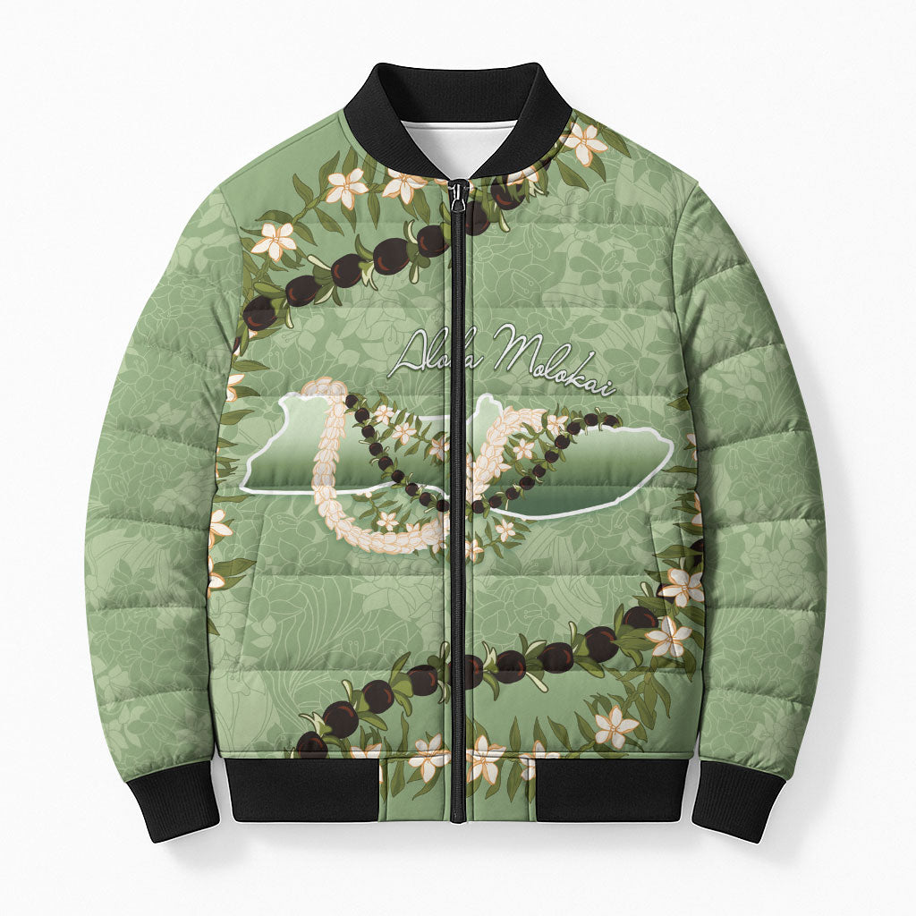 Hawaii Molokai Island Flowers Lei Bomber Puffer Jacket Kukui Nut Mossy Green