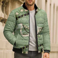 Hawaii Molokai Island Flowers Lei Bomber Puffer Jacket Kukui Nut Mossy Green