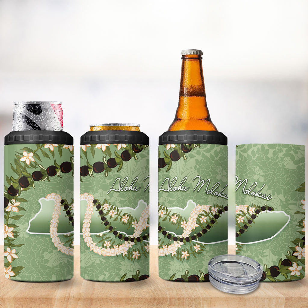 Hawaii Molokai Island Flowers Lei 4 in 1 Can Cooler Tumbler Kukui Nut Mossy Green