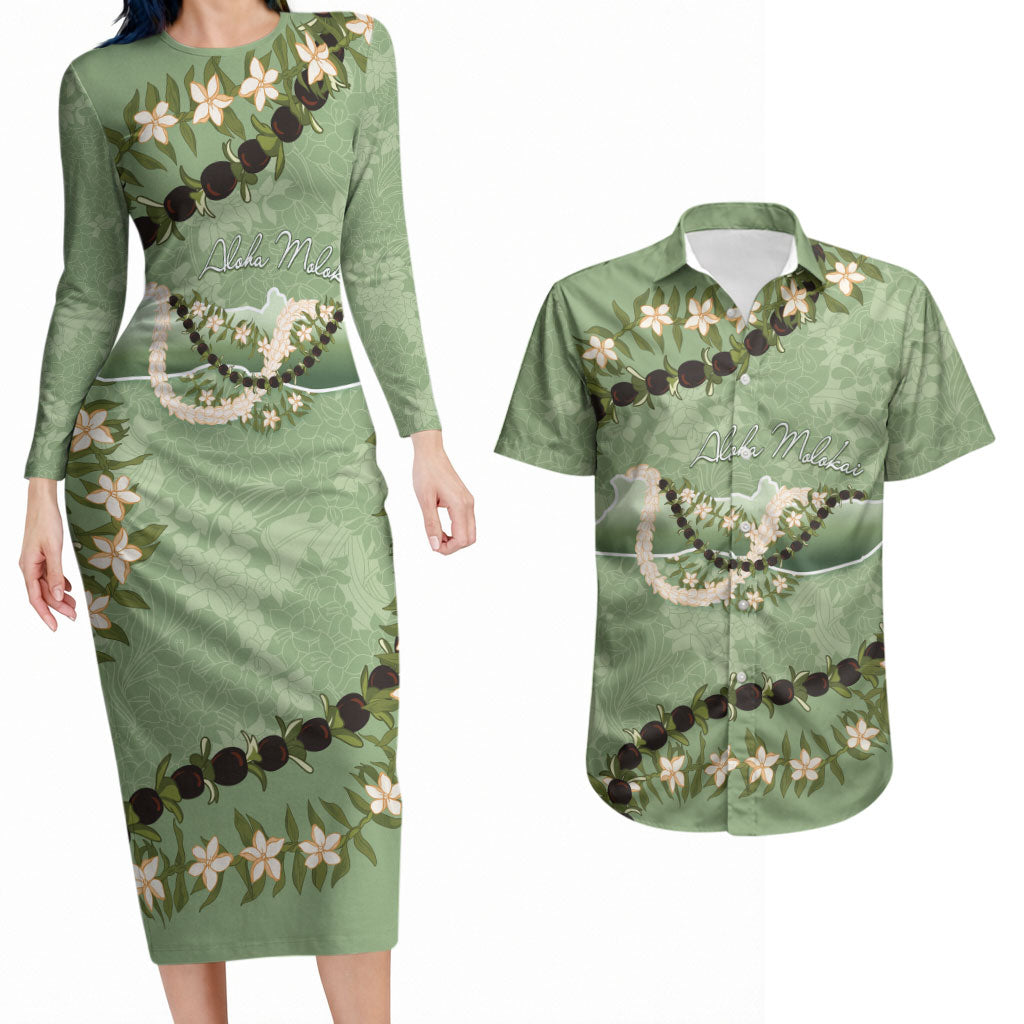 Hawaii Molokai Island Flowers Lei Couples Matching Long Sleeve Bodycon Dress and Hawaiian Shirt Kukui Nut Mossy Green