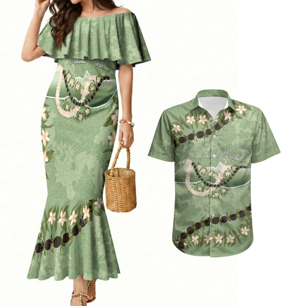 Hawaii Molokai Island Flowers Lei Couples Matching Mermaid Dress and Hawaiian Shirt Kukui Nut Mossy Green LT7 Moss Green - Polynesian Pride