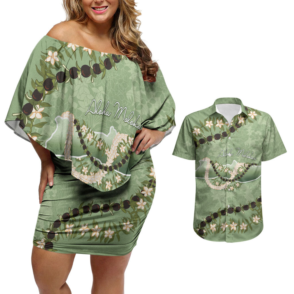 Hawaii Molokai Island Flowers Lei Couples Matching Off Shoulder Short Dress and Hawaiian Shirt Kukui Nut Mossy Green LT7 Moss Green - Polynesian Pride