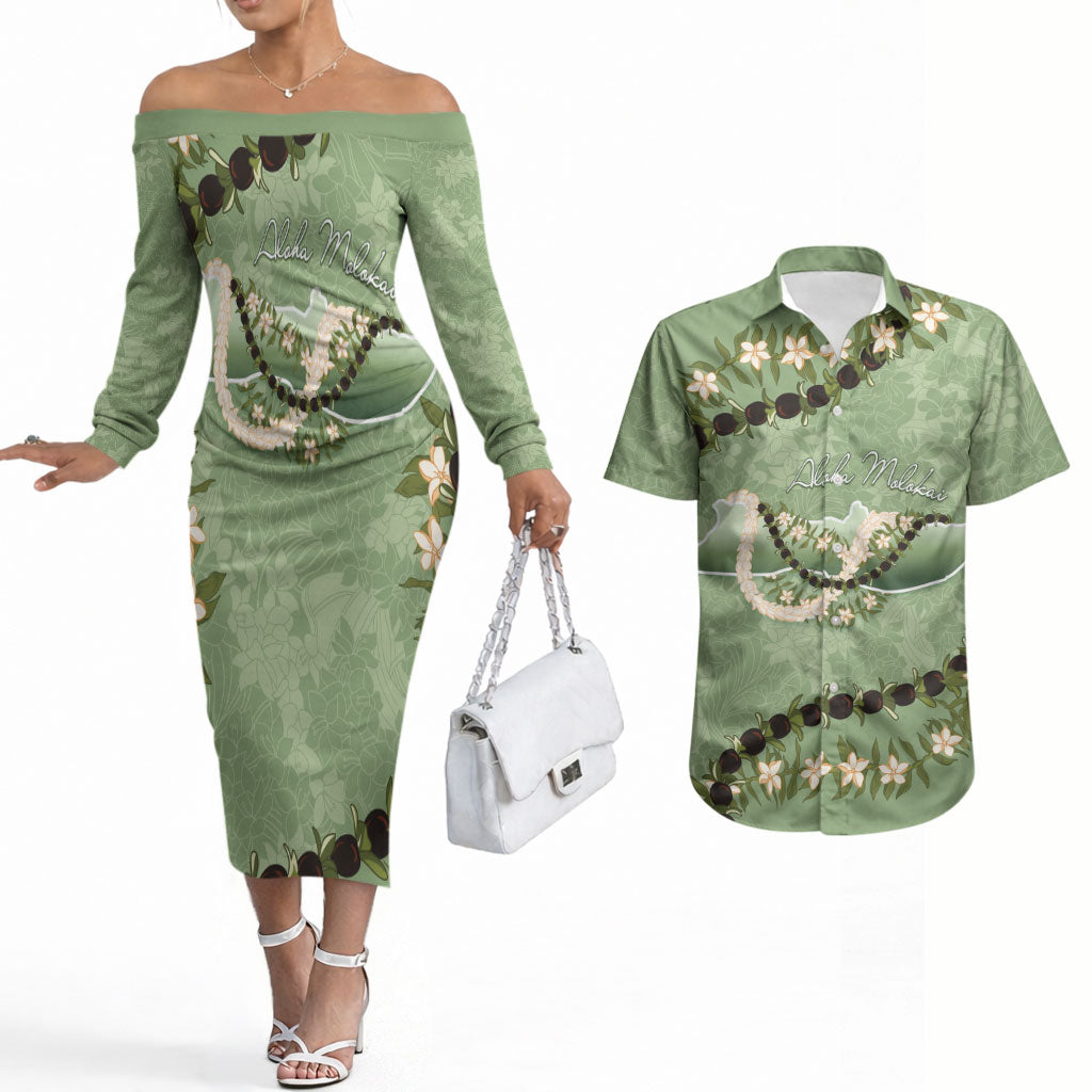 Hawaii Molokai Island Flowers Lei Couples Matching Off The Shoulder Long Sleeve Dress and Hawaiian Shirt Kukui Nut Mossy Green LT7 Moss Green - Polynesian Pride