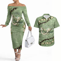 Hawaii Molokai Island Flowers Lei Couples Matching Off The Shoulder Long Sleeve Dress and Hawaiian Shirt Kukui Nut Mossy Green