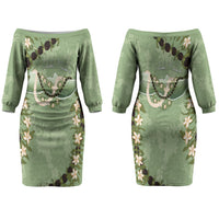 Hawaii Molokai Island Flowers Lei Couples Matching Off The Shoulder Long Sleeve Dress and Long Sleeve Button Shirt Kukui Nut Mossy Green