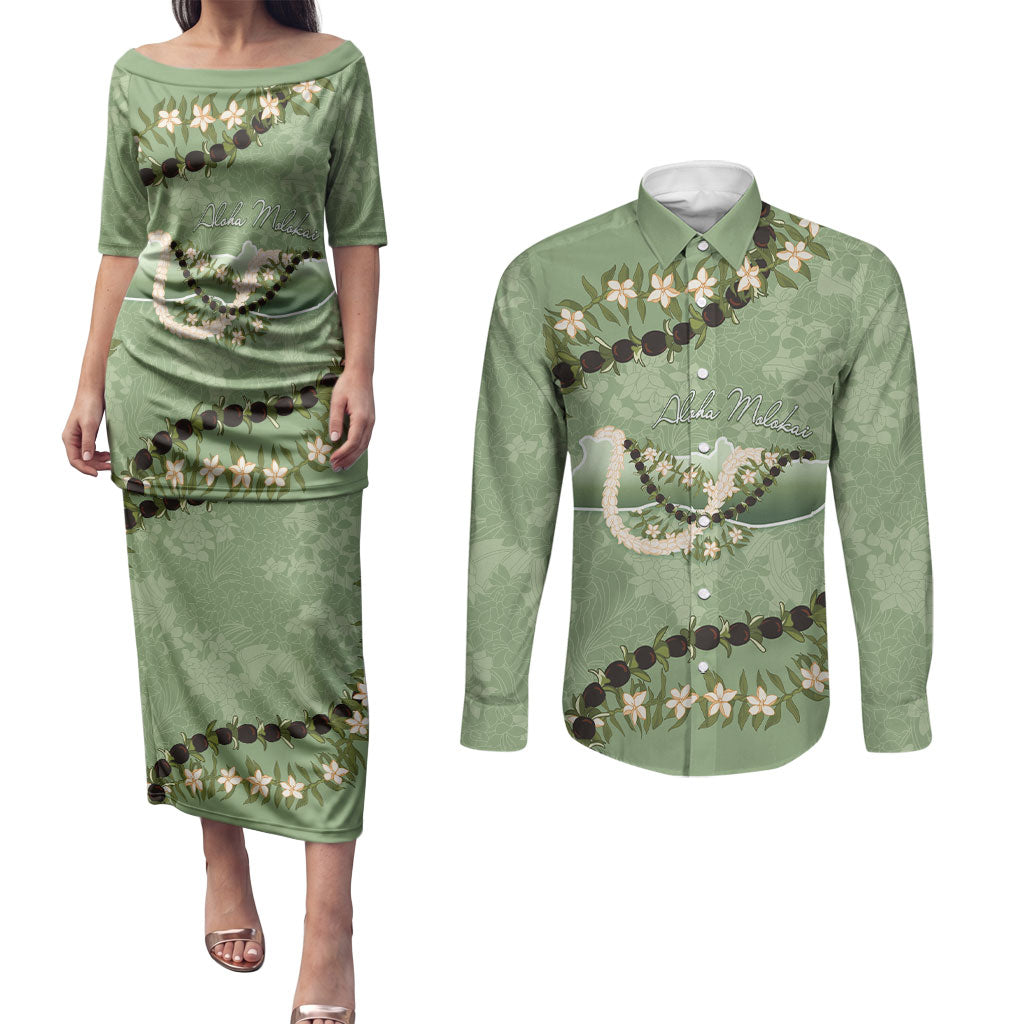 Hawaii Molokai Island Flowers Lei Couples Matching Puletasi and Long Sleeve Button Shirt Kukui Nut Mossy Green