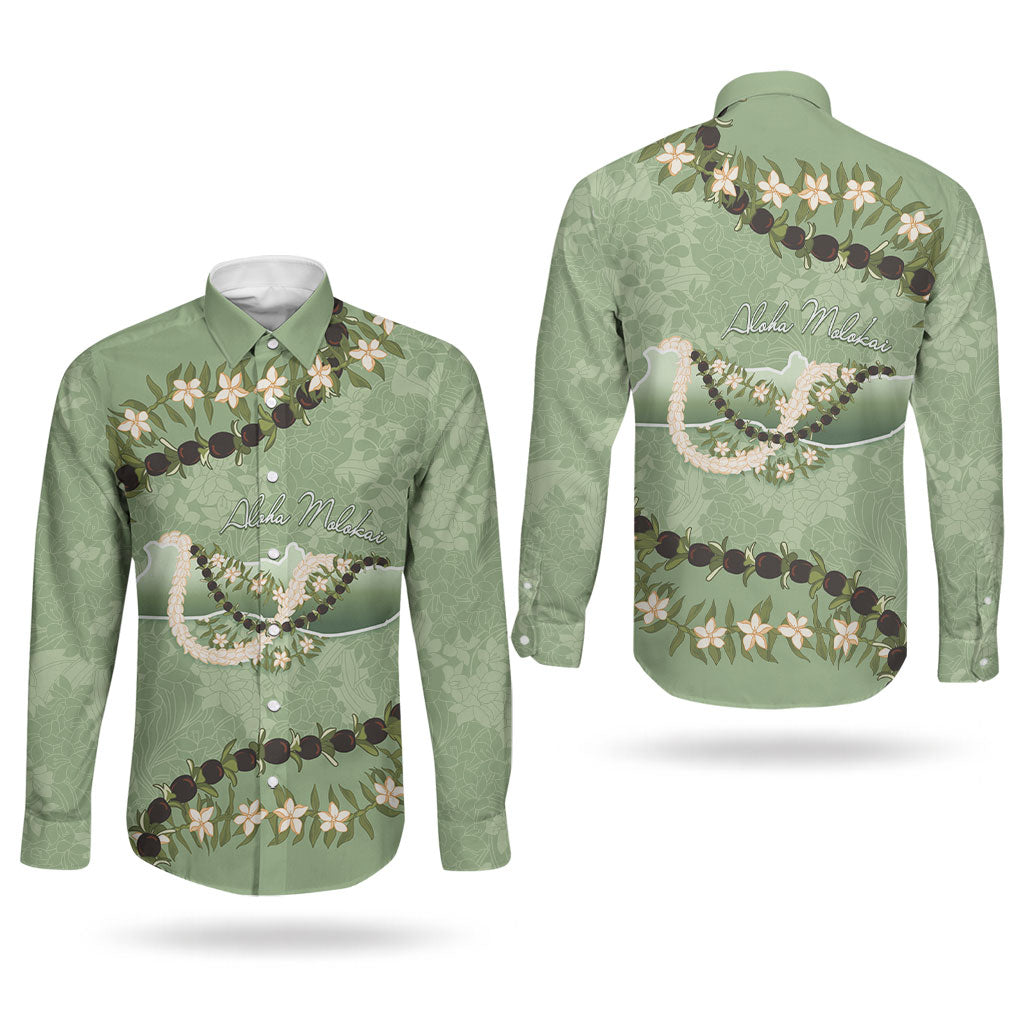 Hawaii Molokai Island Flowers Lei Couples Matching Puletasi and Long Sleeve Button Shirt Kukui Nut Mossy Green