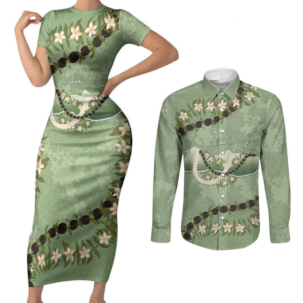 Hawaii Molokai Island Flowers Lei Couples Matching Short Sleeve Bodycon Dress and Long Sleeve Button Shirt Kukui Nut Mossy Green LT7 Moss Green - Polynesian Pride