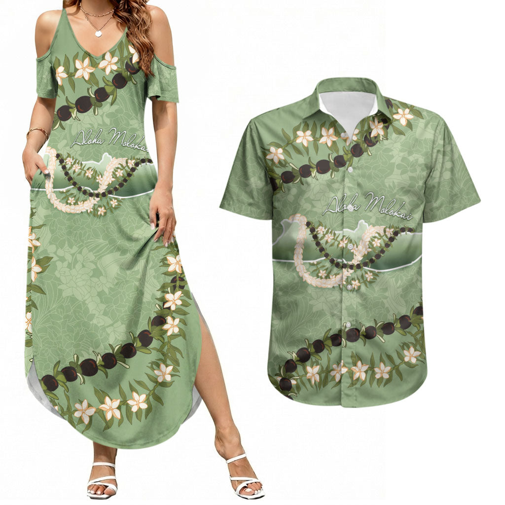 Hawaii Molokai Island Flowers Lei Couples Matching Summer Maxi Dress and Hawaiian Shirt Kukui Nut Mossy Green LT7 Moss Green - Polynesian Pride