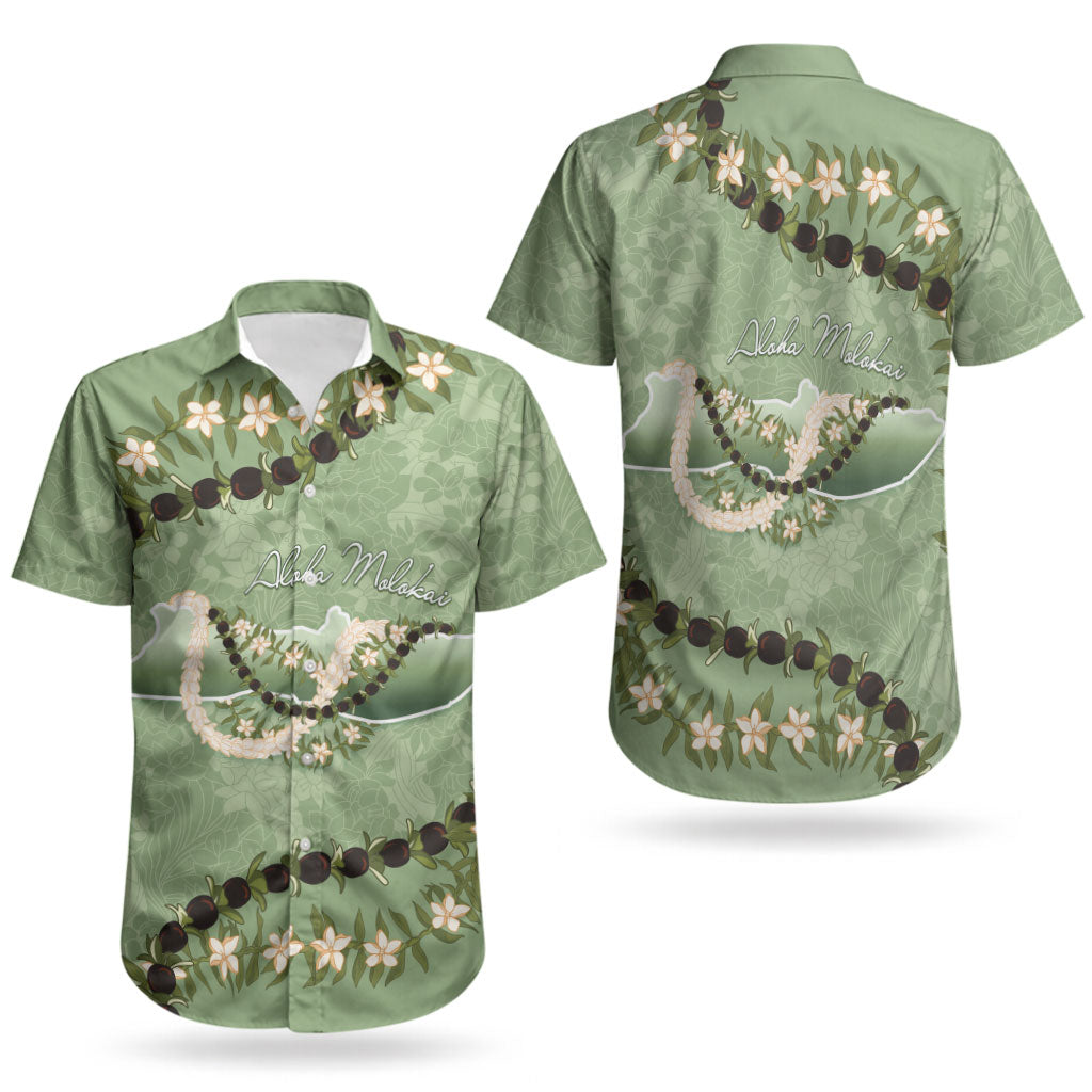 Hawaii Molokai Island Flowers Lei Couples Matching Tank Maxi Dress and Hawaiian Shirt Kukui Nut Mossy Green