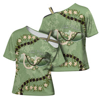 Hawaii Molokai Island Flowers Lei Cross Shoulder Shirt Kukui Nut Mossy Green