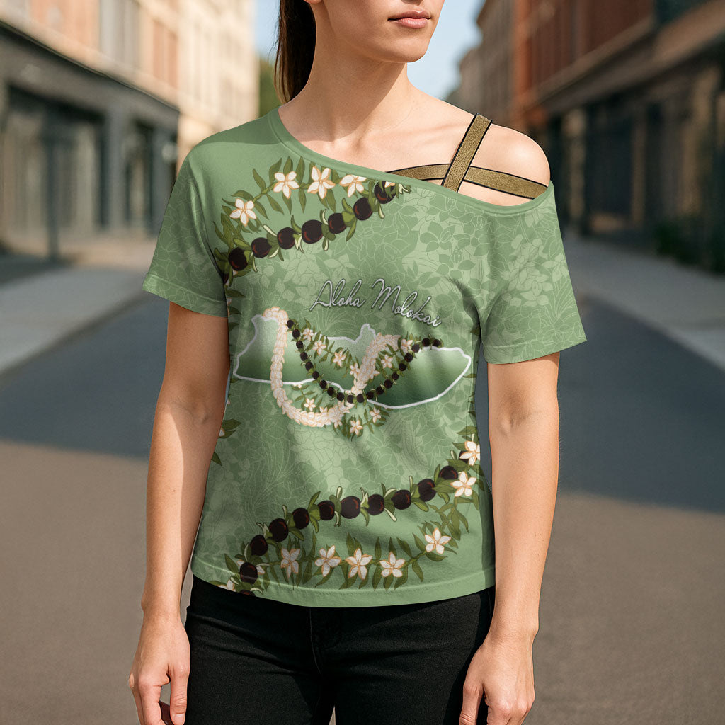 Hawaii Molokai Island Flowers Lei Cross Shoulder Shirt Kukui Nut Mossy Green