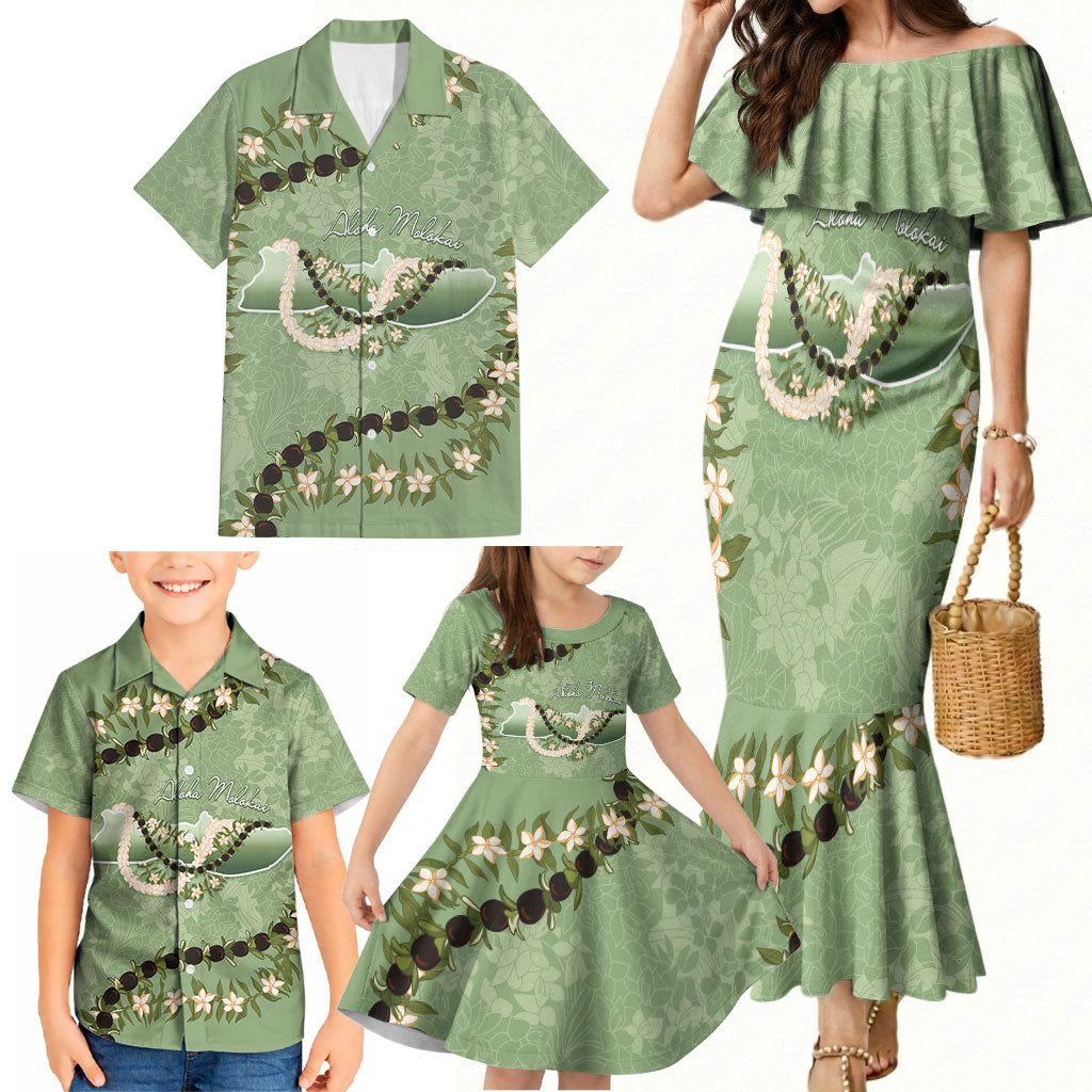 Hawaii Molokai Island Flowers Lei Family Matching Mermaid Dress and Hawaiian Shirt Kukui Nut Mossy Green