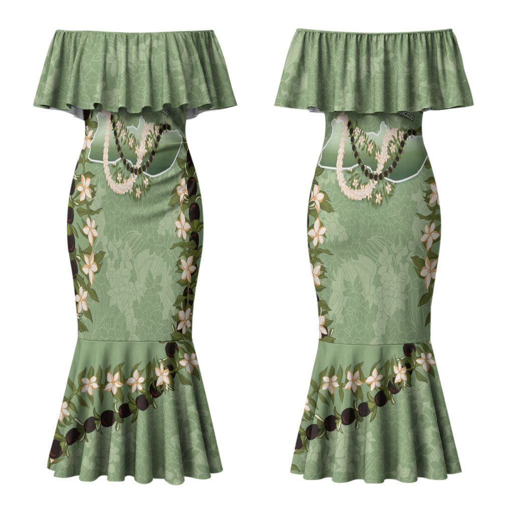 Hawaii Molokai Island Flowers Lei Family Matching Mermaid Dress and Hawaiian Shirt Kukui Nut Mossy Green