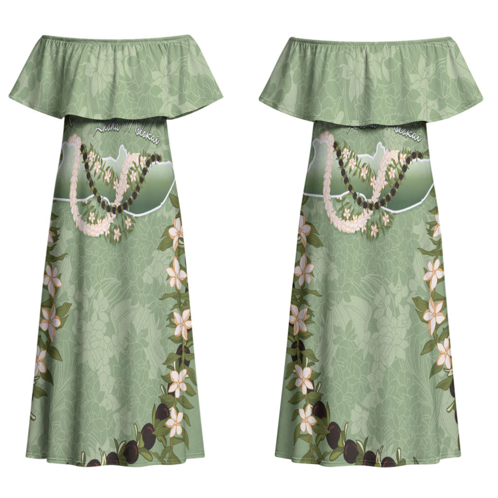 Hawaii Molokai Island Flowers Lei Family Matching Off Shoulder Maxi Dress and Hawaiian Shirt Kukui Nut Mossy Green