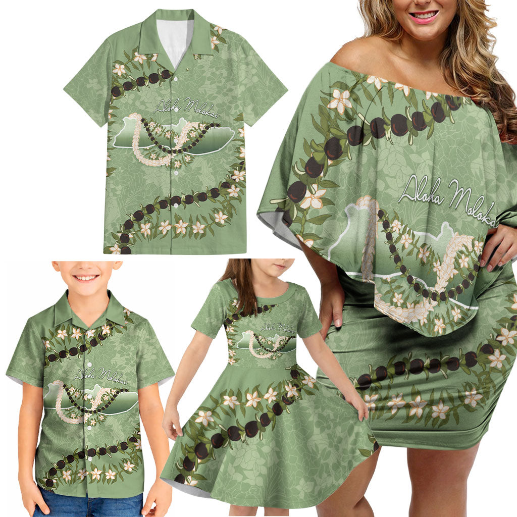Hawaii Molokai Island Flowers Lei Family Matching Off Shoulder Short Dress and Hawaiian Shirt Kukui Nut Mossy Green
