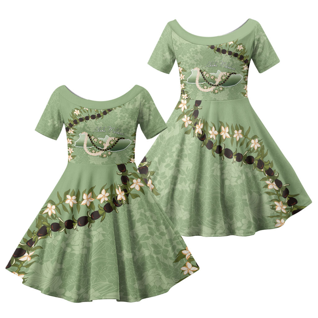 Hawaii Molokai Island Flowers Lei Family Matching Short Sleeve Bodycon Dress and Hawaiian Shirt Kukui Nut Mossy Green