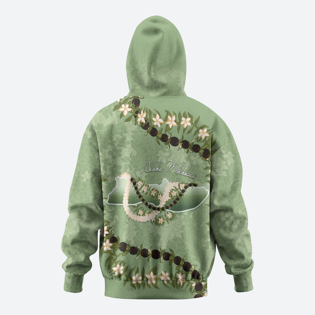 Hawaii Molokai Island Flowers Lei Hoodie Kukui Nut Mossy Green