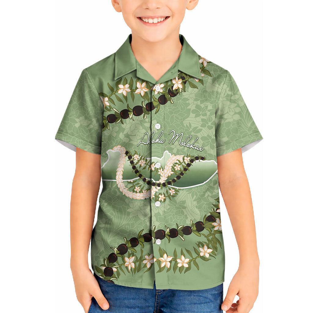 Hawaii Molokai Island Flowers Lei Kid Hawaiian Shirt Kukui Nut Mossy Green LT7 Kid Moss Green - Polynesian Pride