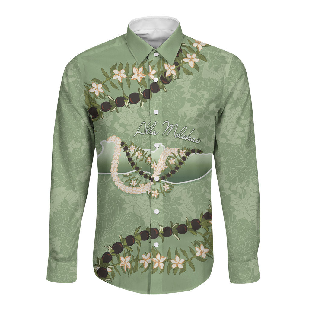 Hawaii Molokai Island Flowers Lei Long Sleeve Button Shirt Kukui Nut Mossy Green