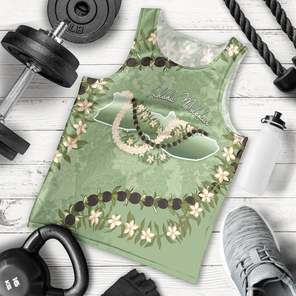 Hawaii Molokai Island Flowers Lei Men Tank Top Kukui Nut Mossy Green
