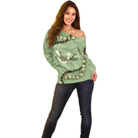 Hawaii Molokai Island Flowers Lei Off Shoulder Sweater Kukui Nut Mossy Green