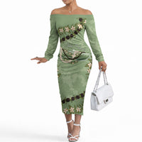 Hawaii Molokai Island Flowers Lei Off The Shoulder Long Sleeve Dress Kukui Nut Mossy Green