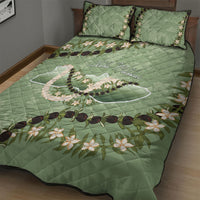 Hawaii Molokai Island Flowers Lei Quilt Bed Set Kukui Nut Mossy Green