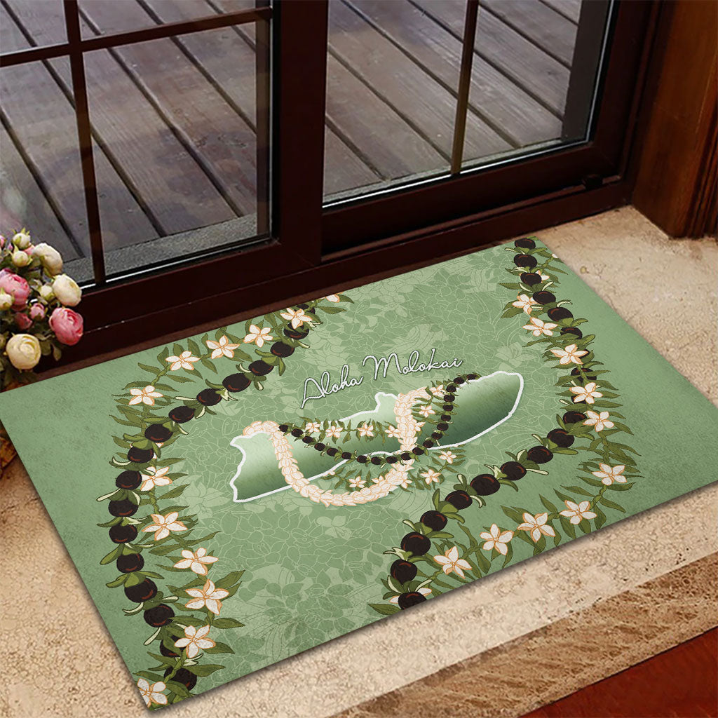 Hawaii Molokai Island Flowers Lei Rubber Doormat Kukui Nut Mossy Green