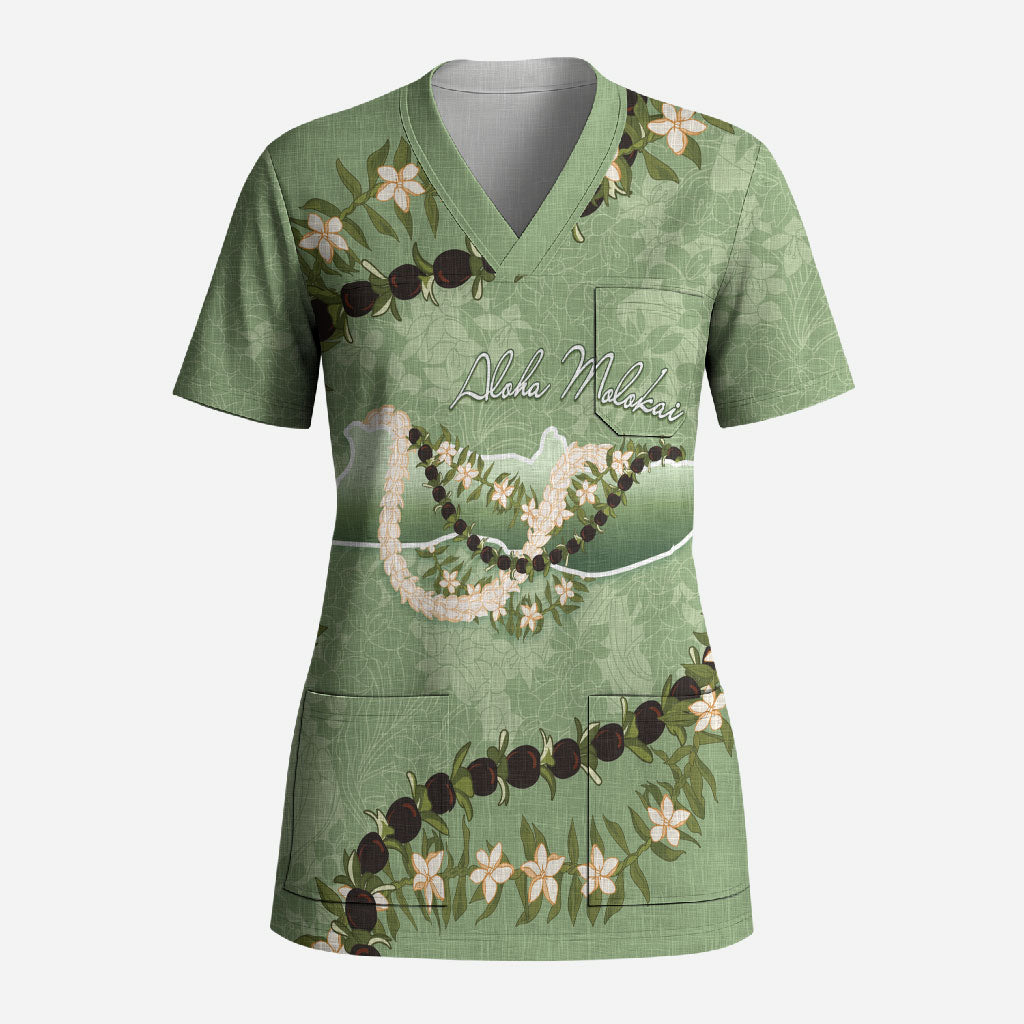 Hawaii Molokai Island Flowers Lei Scrub Top Kukui Nut Mossy Green LT7 Adult Moss Green - Polynesian Pride