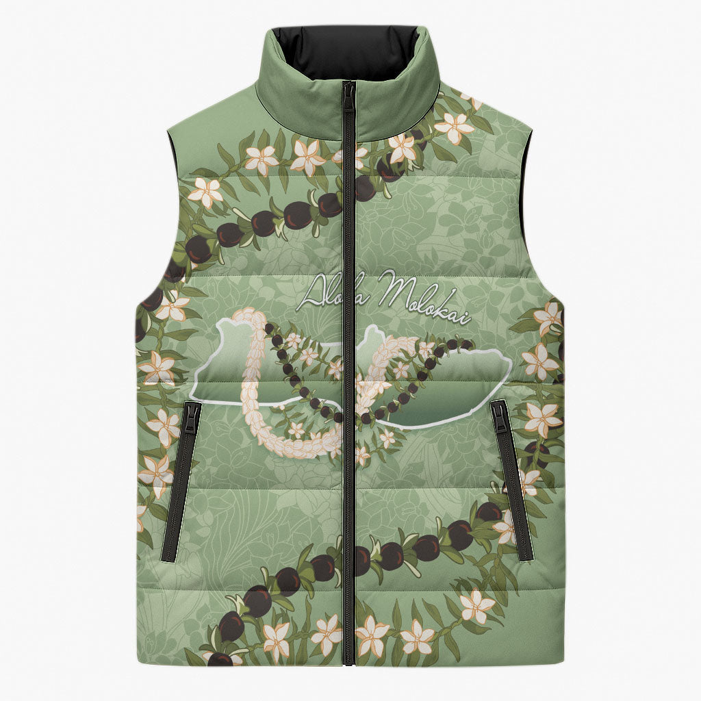 Hawaii Molokai Island Flowers Lei Sleeveless Puffer Jacket Kukui Nut Mossy Green