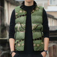 Hawaii Molokai Island Flowers Lei Sleeveless Puffer Jacket Kukui Nut Mossy Green