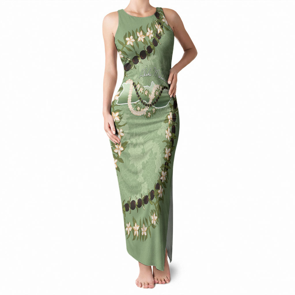 Hawaii Molokai Island Flowers Lei Tank Maxi Dress Kukui Nut Mossy Green