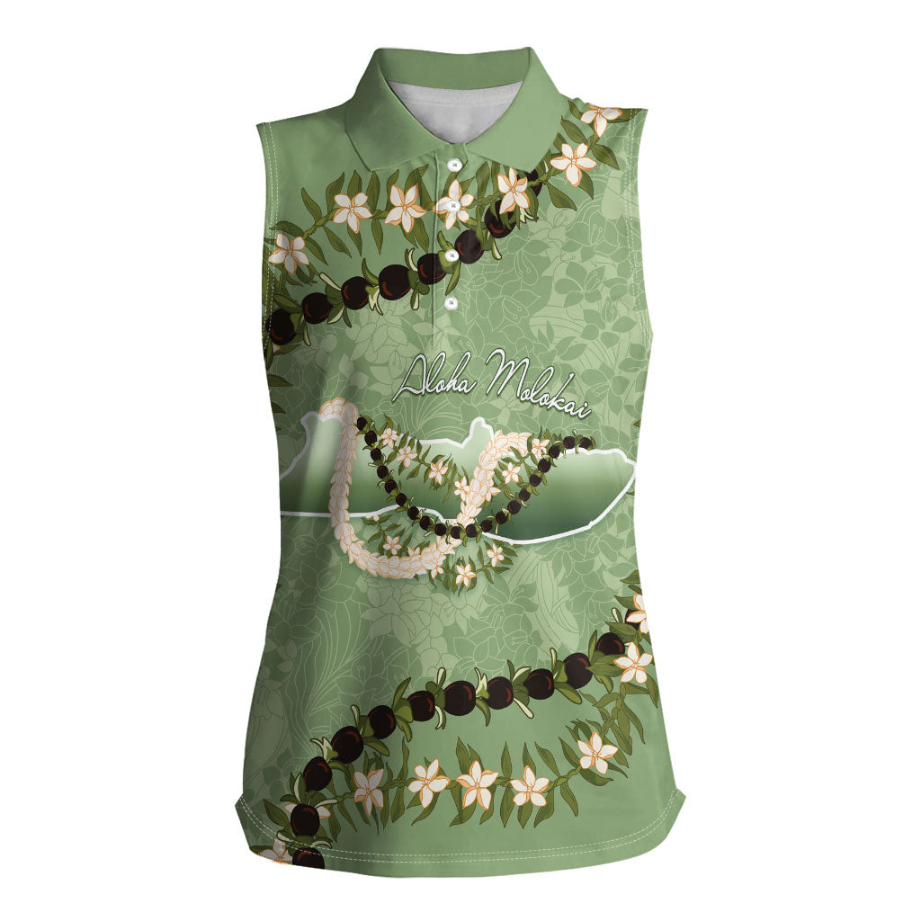 Hawaii Molokai Island Flowers Lei Women Sleeveless Polo Shirt Kukui Nut Mossy Green