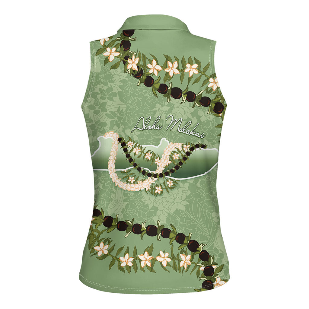 Hawaii Molokai Island Flowers Lei Women Sleeveless Polo Shirt Kukui Nut Mossy Green