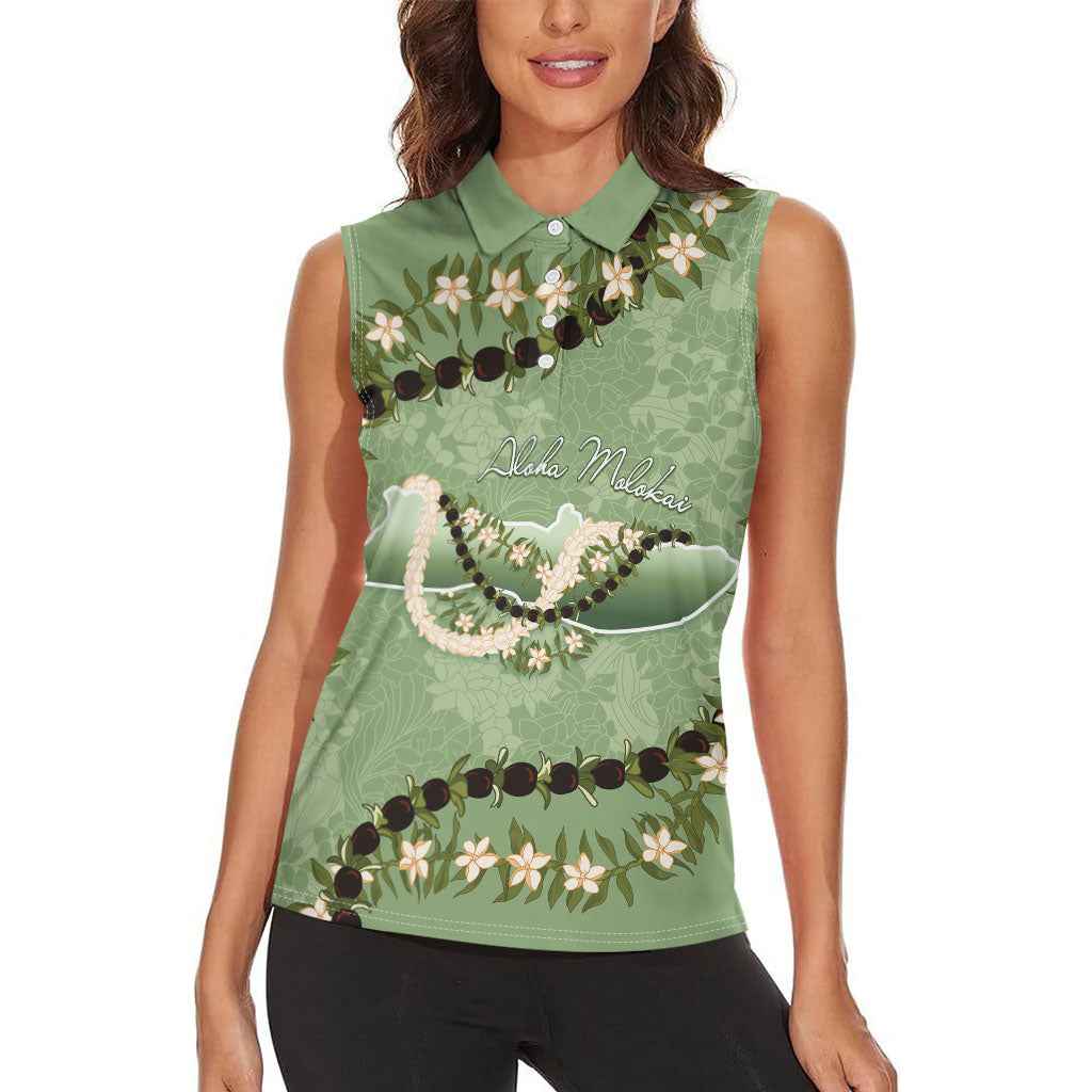 Hawaii Molokai Island Flowers Lei Women Sleeveless Polo Shirt Kukui Nut Mossy Green