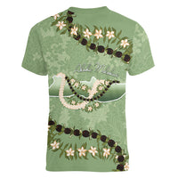 Hawaii Molokai Island Flowers Lei Women V-Neck T-Shirt Kukui Nut Mossy Green