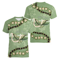 Hawaii Molokai Island Flowers Lei Women V-Neck T-Shirt Kukui Nut Mossy Green