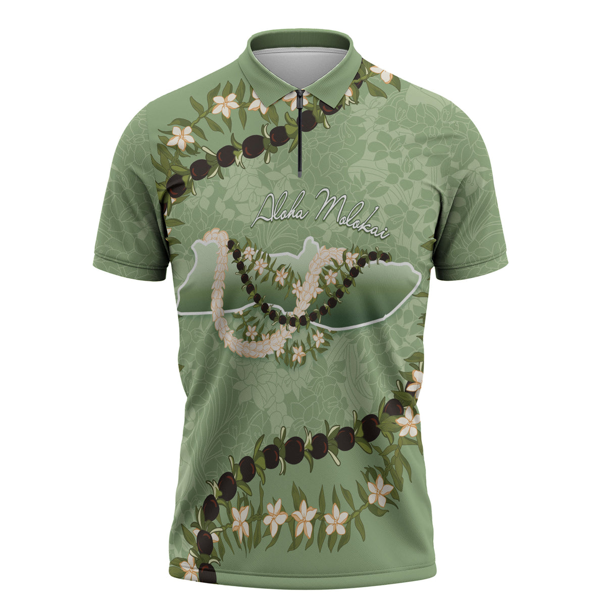 Hawaii Molokai Island Flowers Lei Zipper Polo Shirt Kukui Nut Mossy Green