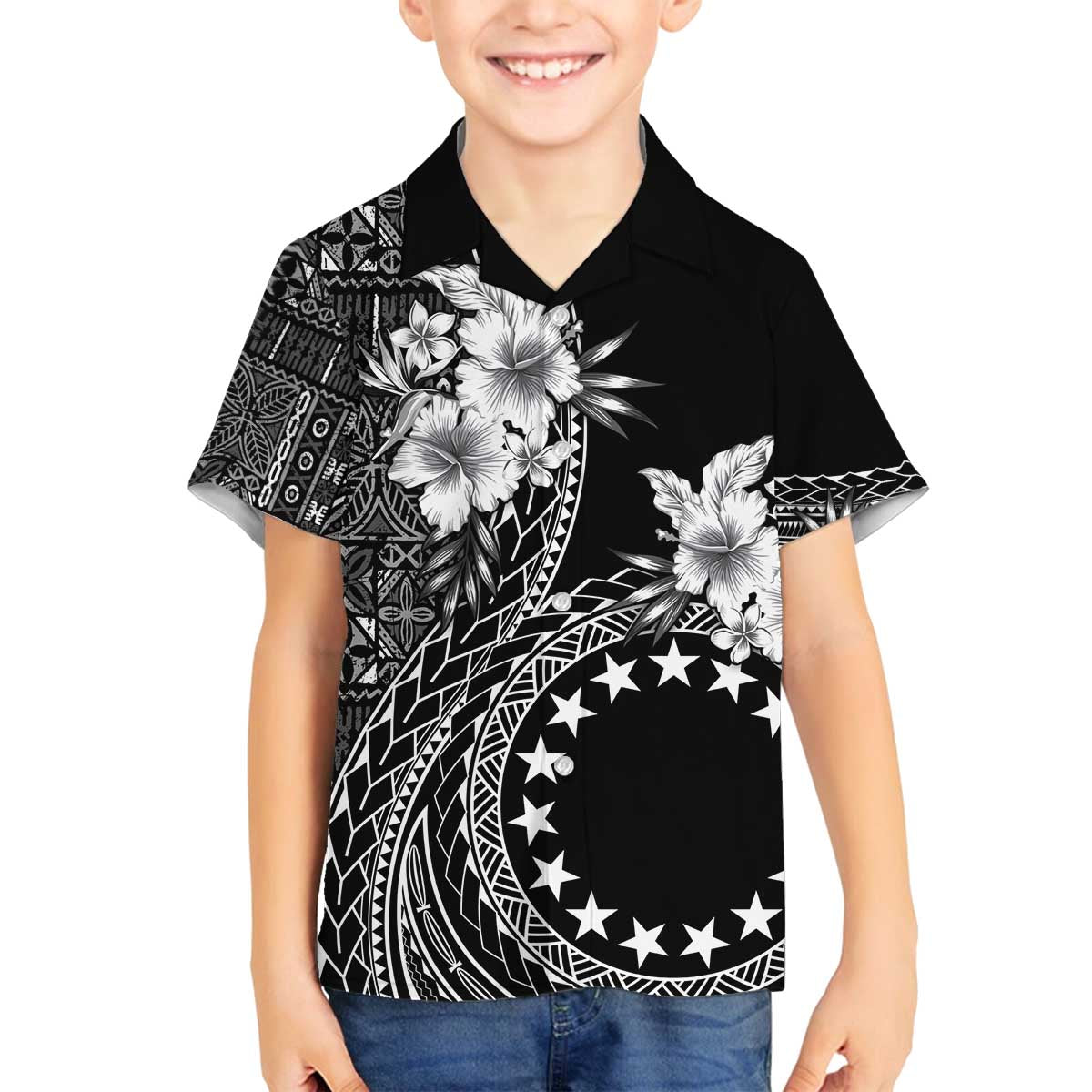 Kia Orana Cook Islands Family Matching Off Shoulder Short Dress and Hawaiian Shirt Tiare and Stars