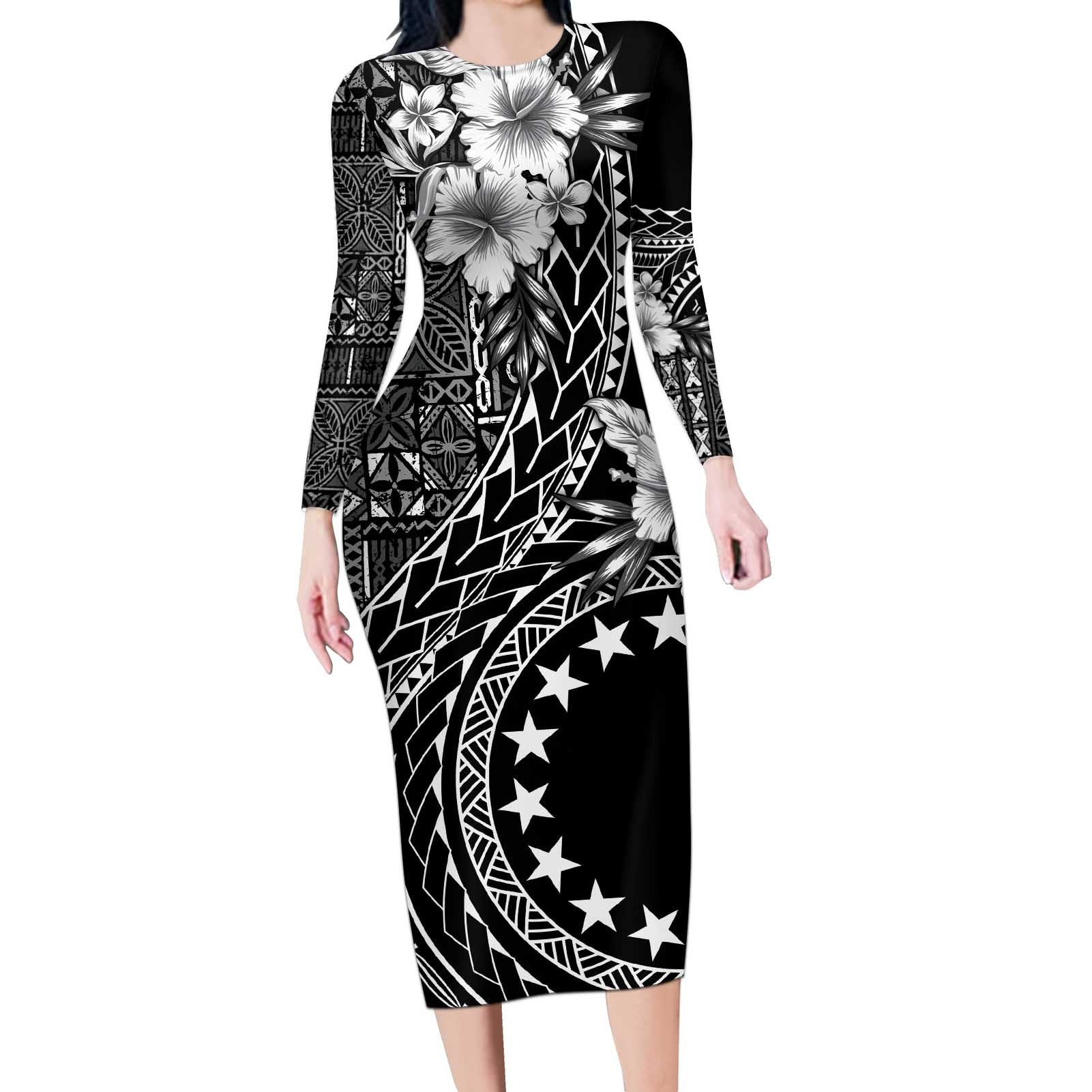 Kia Orana Cook Islands Long Sleeve Bodycon Dress Tiare and Stars