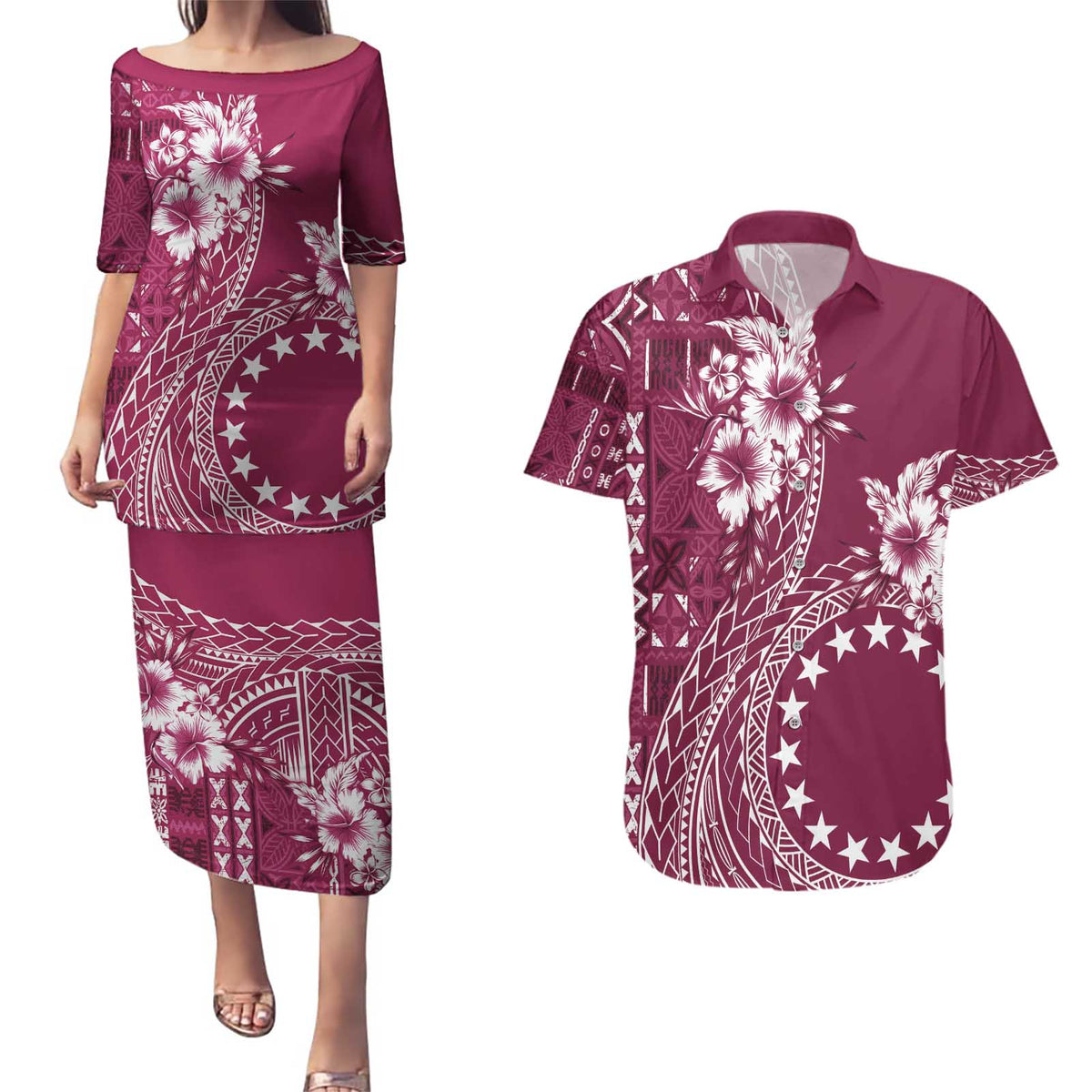 Kia Orana Cook Islands Couples Matching Puletasi and Hawaiian Shirt Tiare and Stars - Maroon