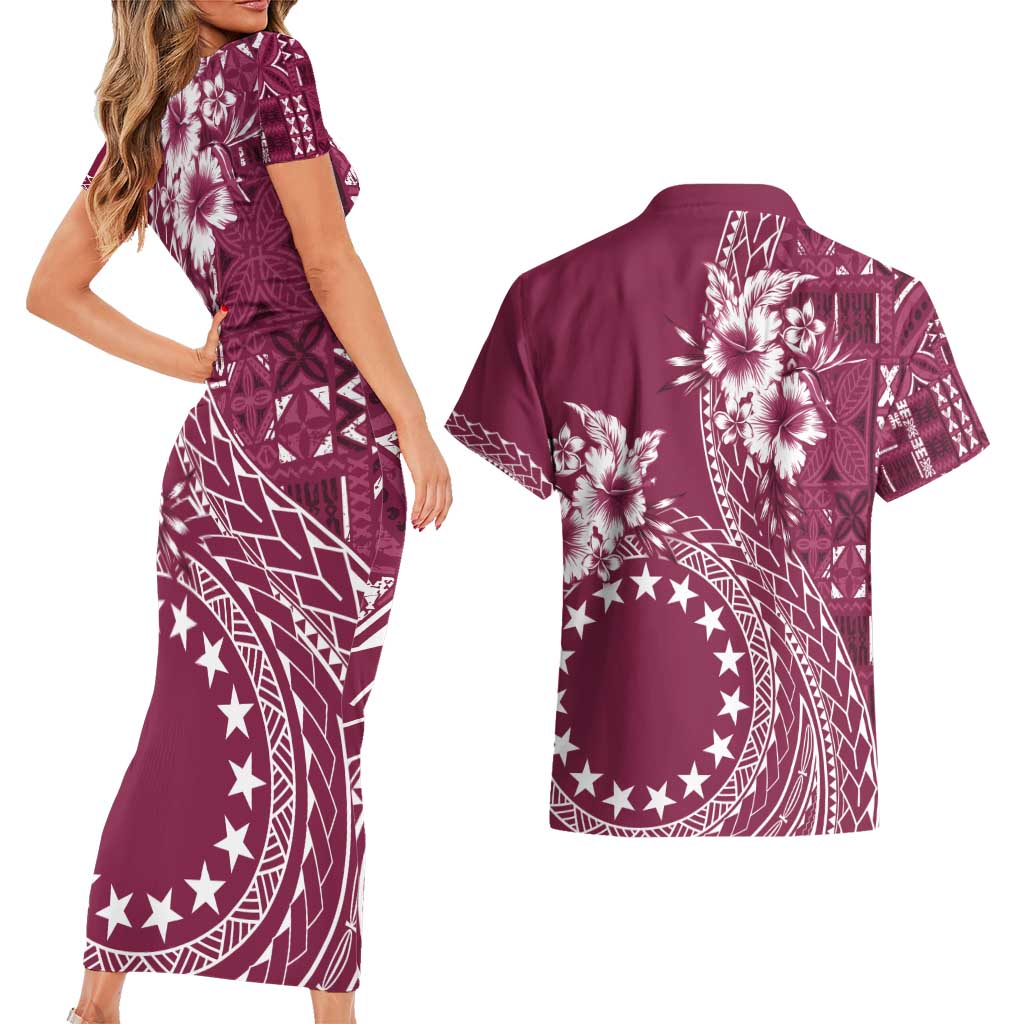 Kia Orana Cook Islands Couples Matching Short Sleeve Bodycon Dress and Hawaiian Shirt Tiare and Stars - Maroon