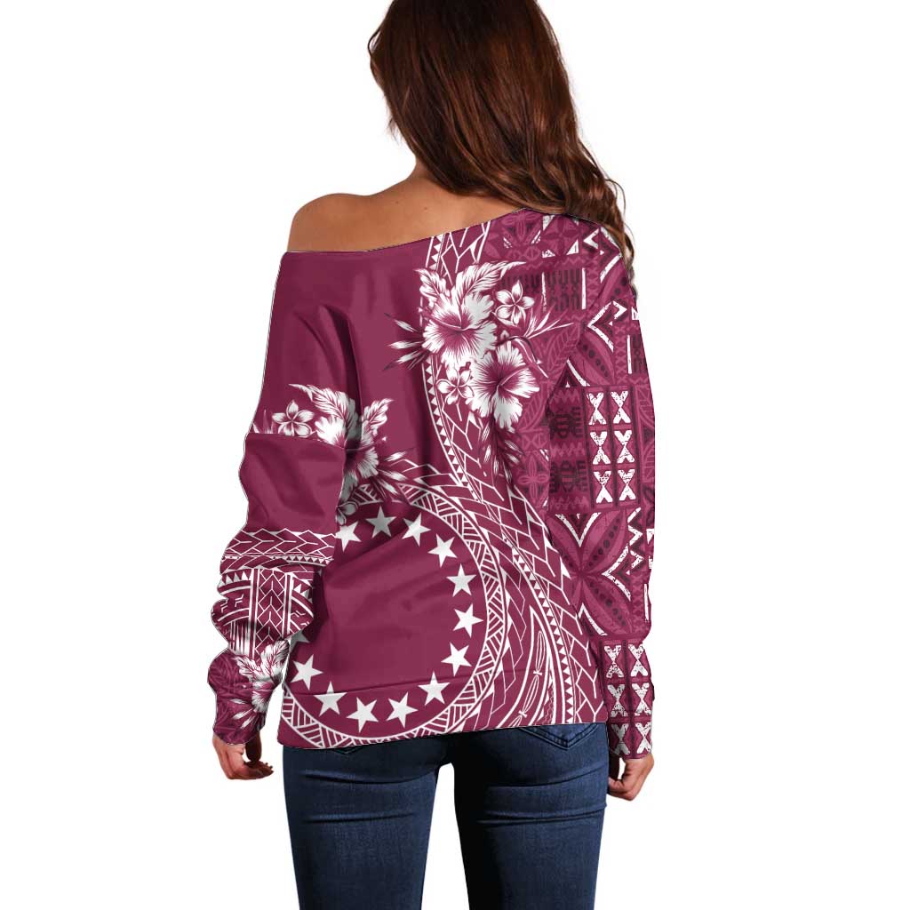 Kia Orana Cook Islands Off Shoulder Sweater Tiare and Stars - Maroon